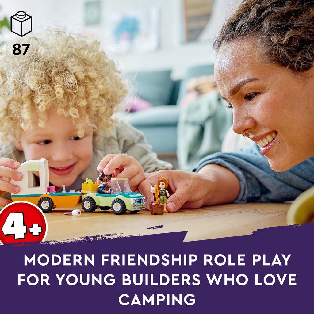 A young child and their mother are playing with the lego set | piece count of 87 in top left | age recommendation of 4+ in bottom left | Image reads: Modern friendship role play for young builders who love camping.