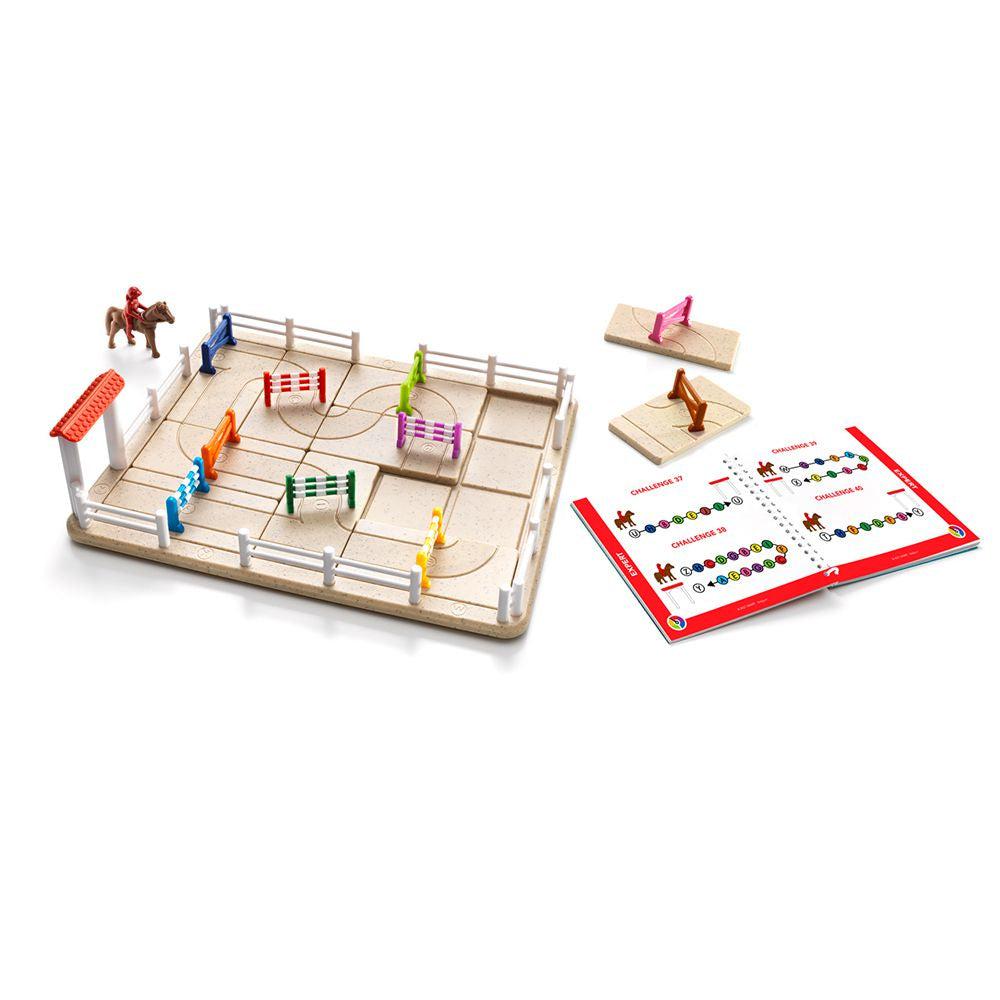 Image of the game pieces out of the box. It is a board that is styled like a horse track and there are colored hurdle pieces that can be added to the board to create tracks for the horse to run through.