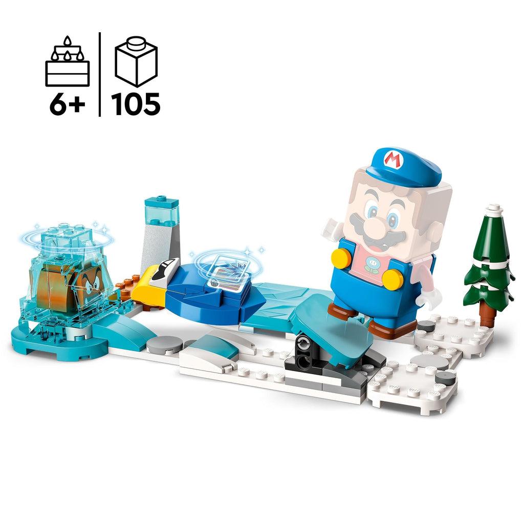 The set is shown with a picture of the lego mario figure (mario is ghosted out since he's sold separately) wearing the ice suit launching the cooligan into the goomba frozen in ice. | piece count of 105 and age of 6+ in the top left