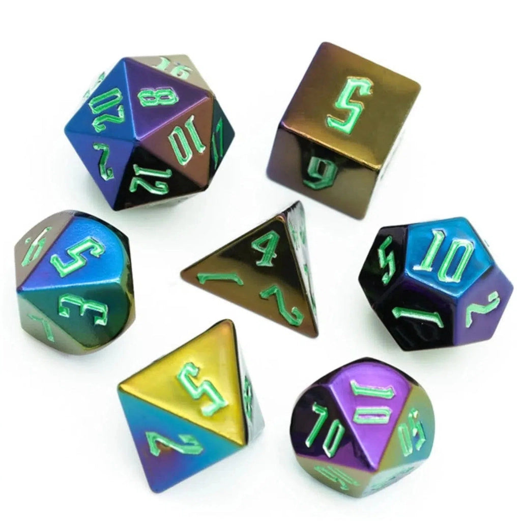The 7 dice are in a circle with the D4 in the center. Each dice is made of a metallic looking resin and each face is a slightly different color ranging from blues to yellows to purples.