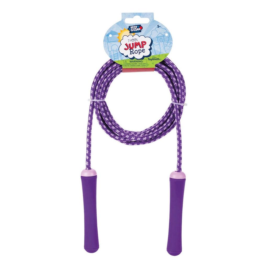 A purple jumprope with white squares spaced along it is coiled up and secured with a cardboard tag on the top reading: 7 food jump rope.