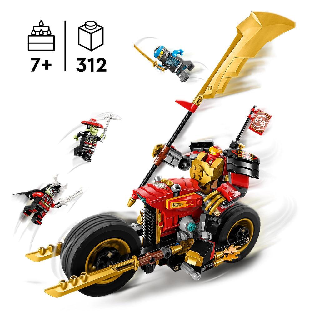 Image shows the same from the cover of the box, without the street background. The bike is like a normal motorcycle but with a front wheel that's extended out on the front mounted on two front bars. Piece count of 312 and age recommendation of 7+ are shown in the top left.