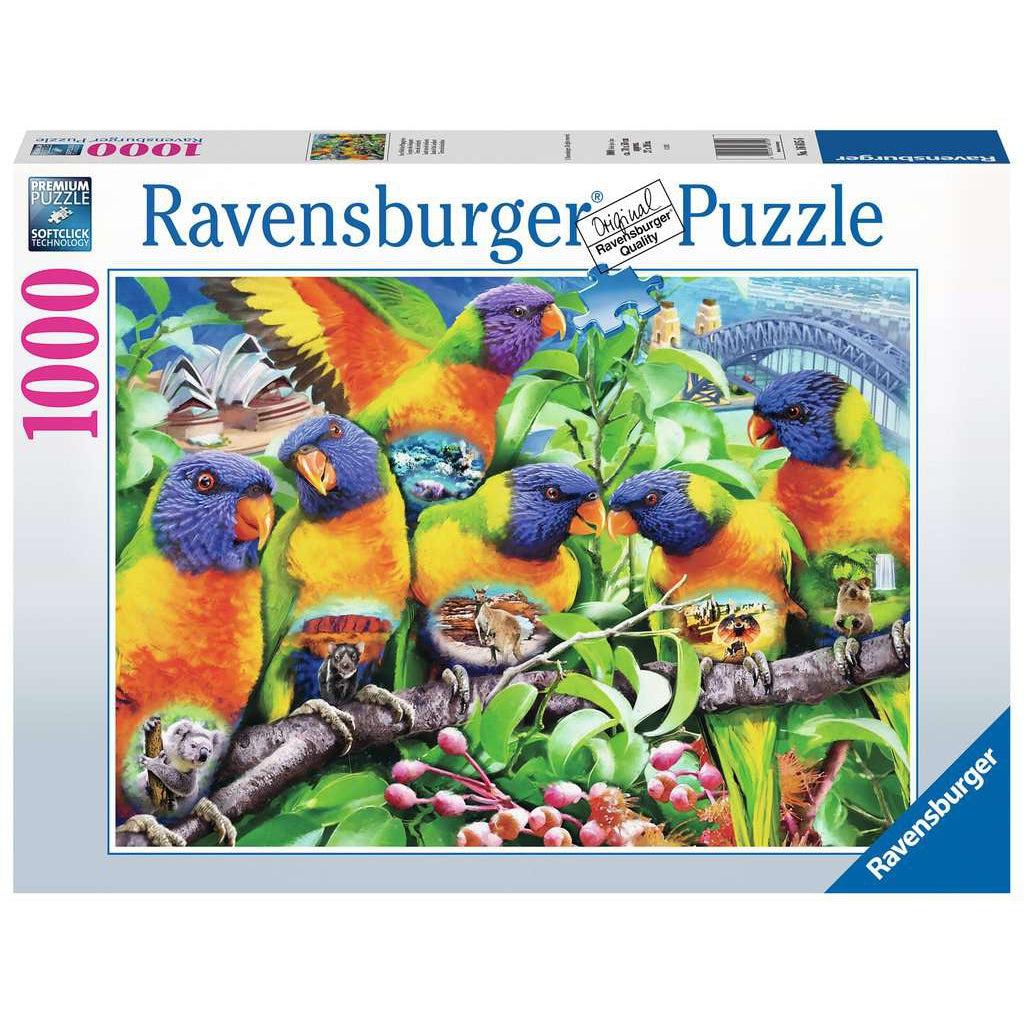 Image shows front of puzzle box. It has information such as the brand name, Ravensburger, and the piece count (1000pc). In the center is a picture of the finished puzzle. Puzzle described on next image.