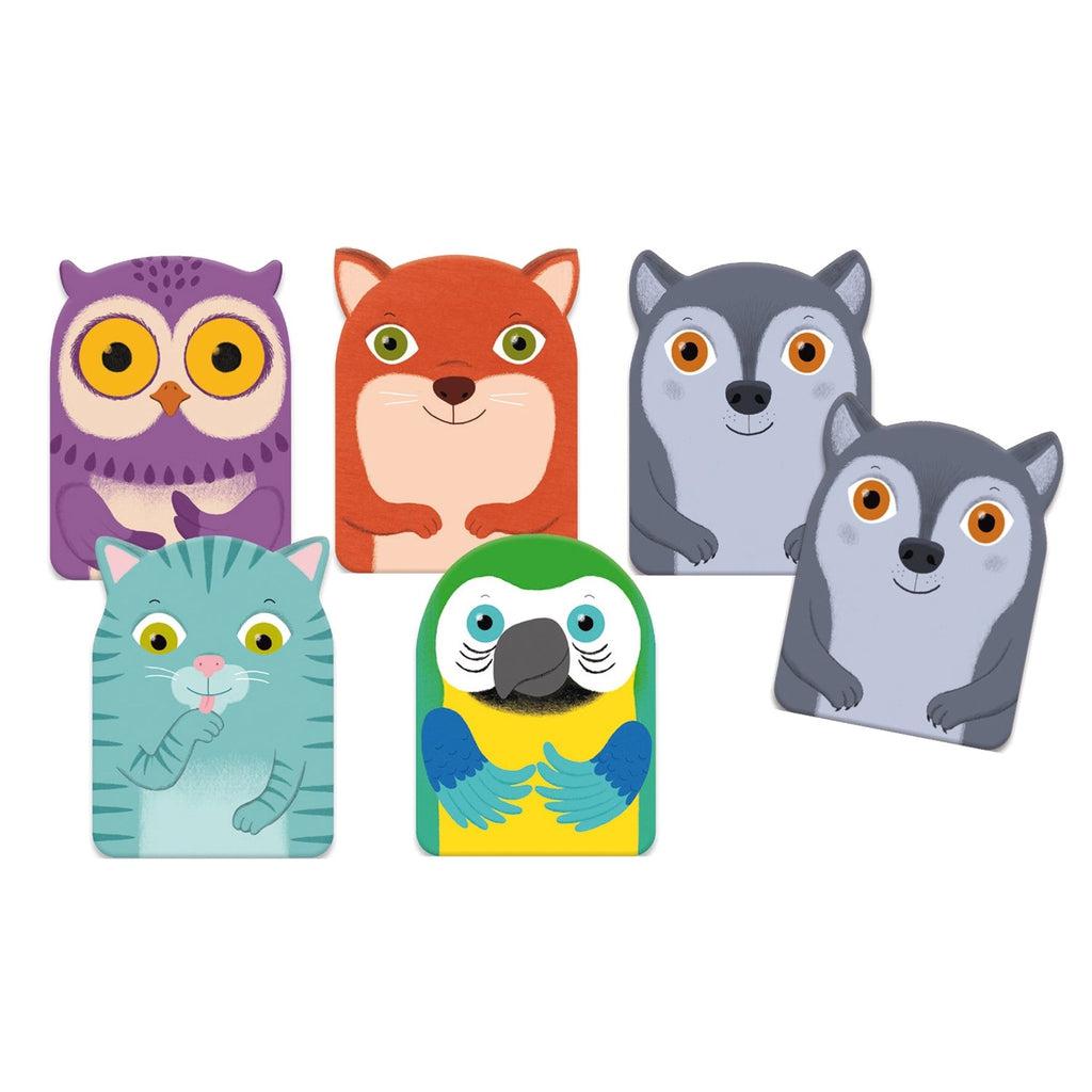 Shows five different animal cards. Includes owls, cats, foxes. parrots, and wolves.