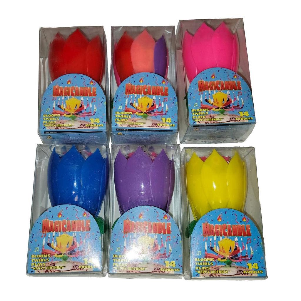 a selection of the candles is shown. Includes: blue, purple, yellow, pink, red, and multicolored red to purple. Each one looks like a closed up flower bud.