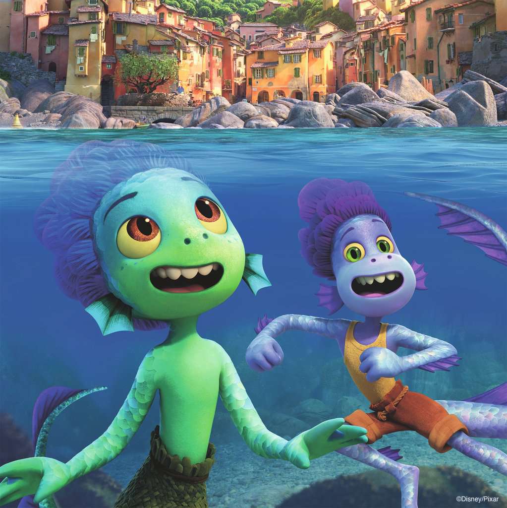 Image of puzzle 1 | Luca and Alberto in sea monster form smile underwater with seaside town above.