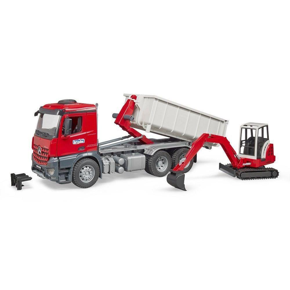 MB Arocs Truck with Roll-Off Container & Schaeff HR 16 Mini Excavator-Bruder-The Red Balloon Toy Store