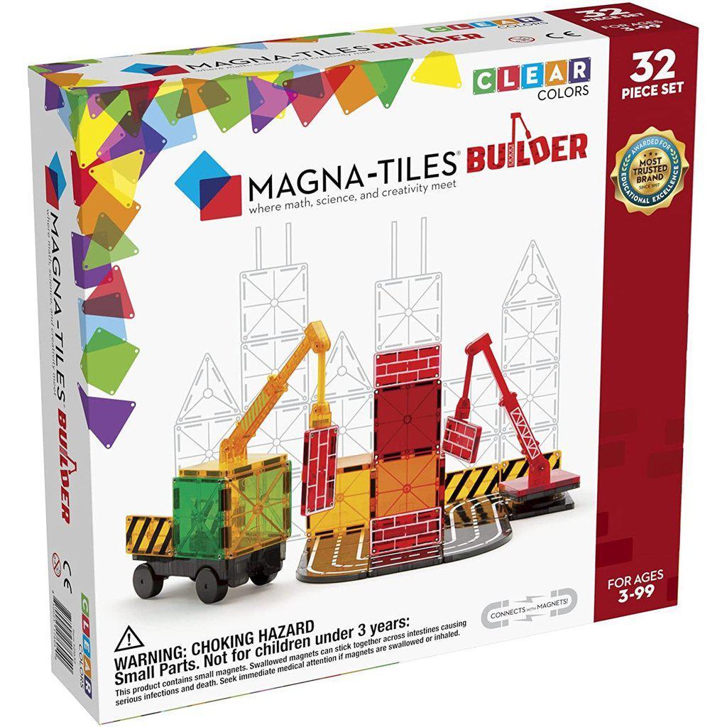this image shows the box for the magna tiles builder. the magnets make a building creane to make a magnetic course