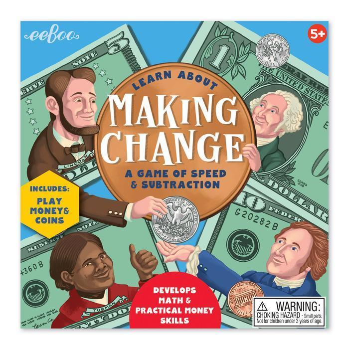 making change game by eeBoo shows the faces on the dollar bills fighting over a quarter in this math game