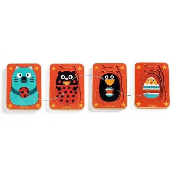 Image of the four different animals in Max & Co.. These animals are a chick, a penguin, a ladybug, and a cat.