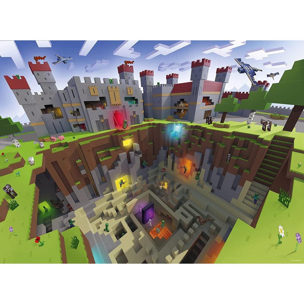 Puzzle image | Minecraft world with large castle building and opening into ground | Opening shows caves and Nether portal | Minecraft mobs are scattered throughout the puzzle.
