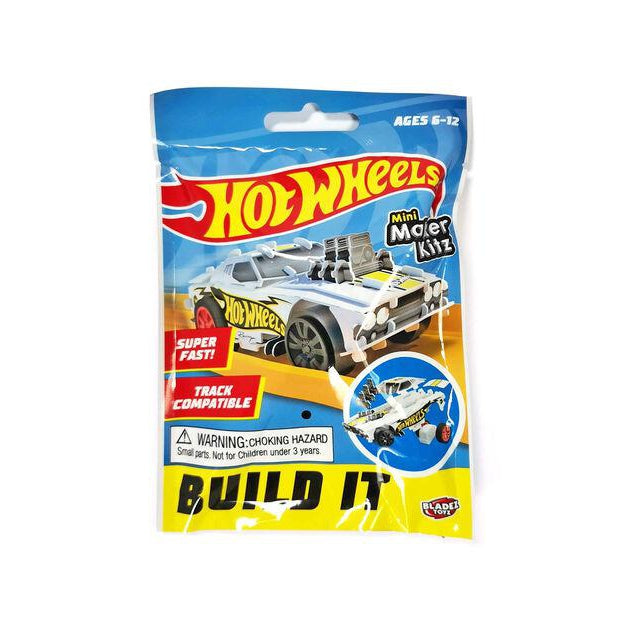 Image of the packaging for the Hot Wheels Mini Maker Kitz. In the center is a picture of one of the assembled cars on a Hot Wheels track.