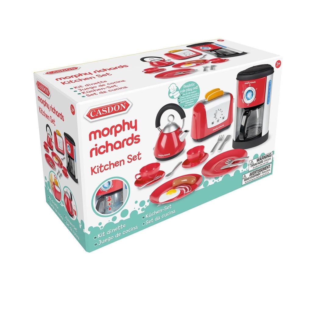 Image of the packaging for the Morphy Richards Play Kitchen Set. The front of the box has a picture of all the included parts doing their jobs.