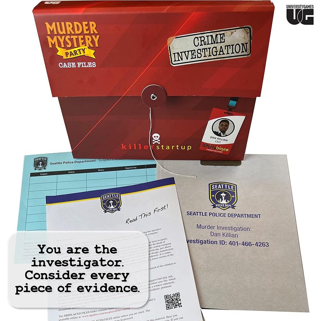 Game box shown at top. | Police department casefile folder and contents are shown in front of box. | Text on image: "You are the investigator, Consider every piece of evidence."