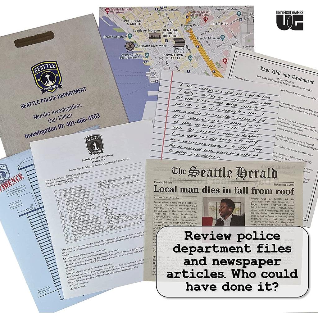 Examples of evidence | Police casefile, newspaper, handwritten note, map, and will. | Text on image: "review police department files and newspaper articles. Who could have done it?"