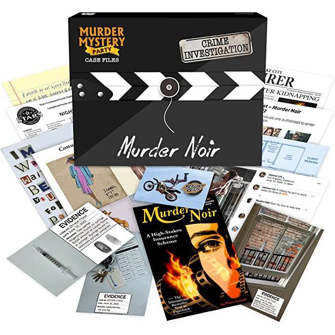 Game box is shaped like a black and white movie clapboard | Contents of the game are shown scattered around the box. | Item examples include: photos of physical evidence, newspapers, notes, and more.