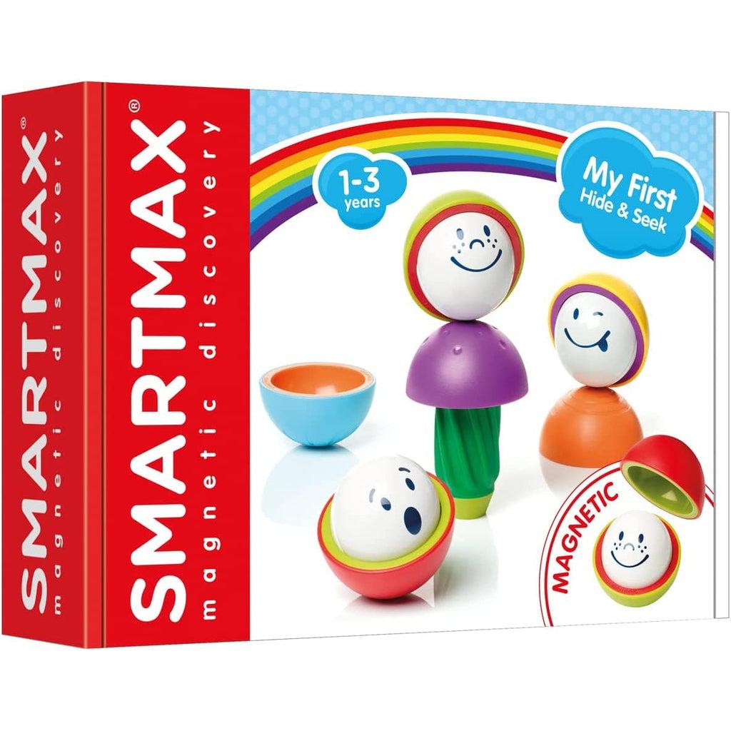 Packaging for toy | SMARTMAX logo in white and red on left side of box. | Right side contains an image of toys with a rainbow illustration behind them and blue clouds with toy name and ages above them. | Small image in bottom left corner showcases magnetic feature.