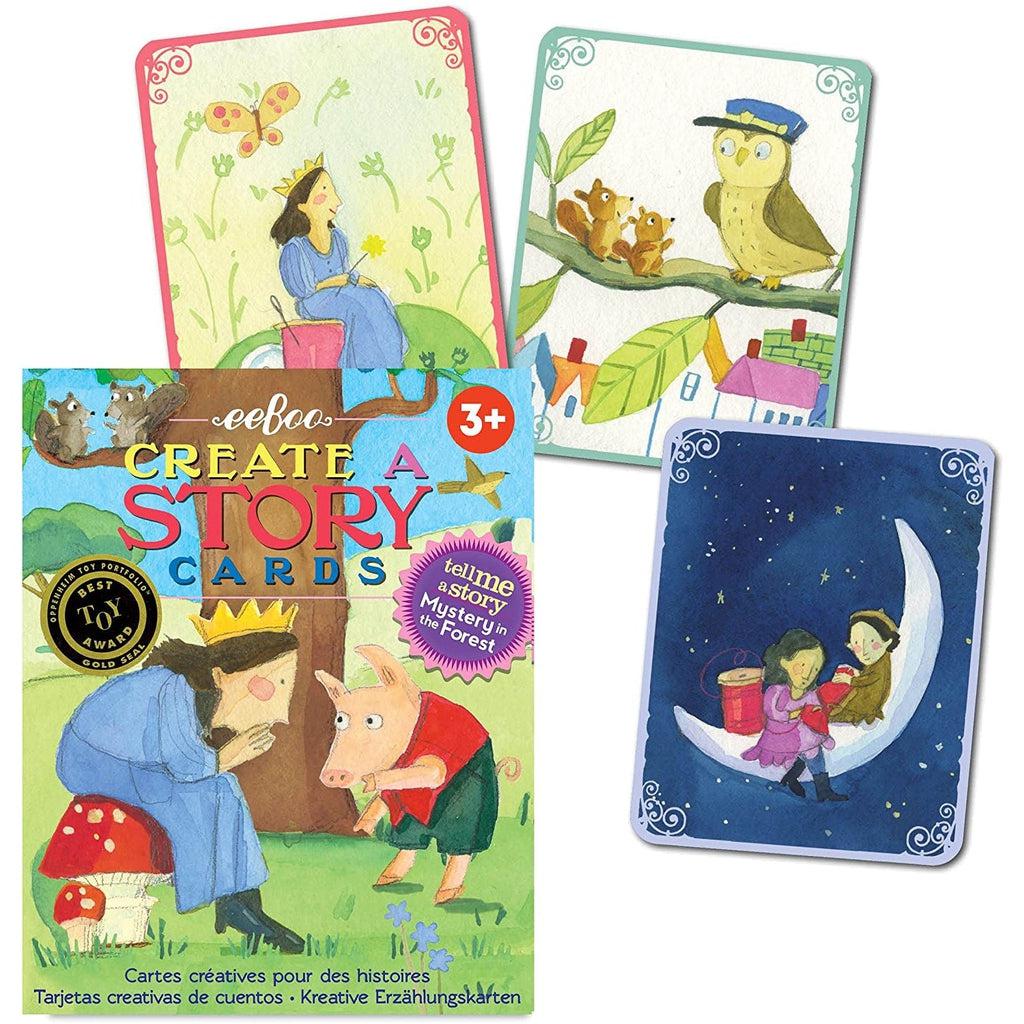 this picture shows the box art and three cards in th ebox that can be drawn to create a story. 