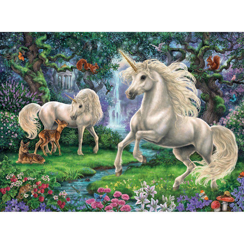 The puzzle image shows two unicorns in a magical forest near a stream interacting with fawns | squirels and other small creatures are scattered in the background trees