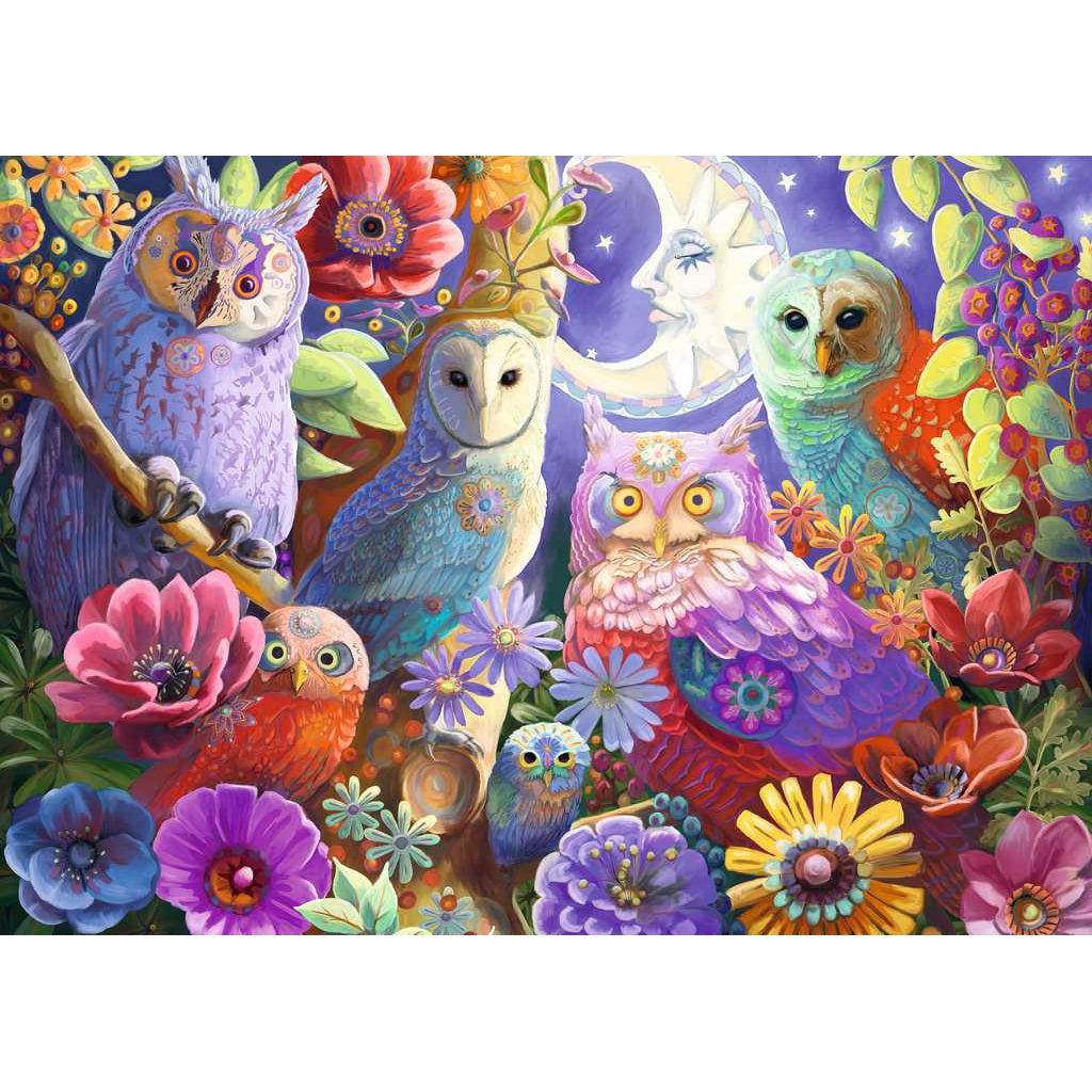 Image is a drawing five different colorful owls in a tree full of flowers of all different types and colors. It is nighttime and the moon in the sky has a calm face.