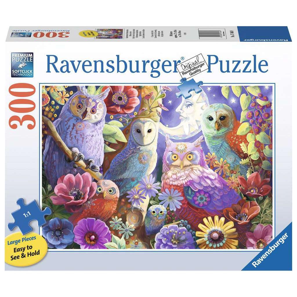 Image shows front of puzzle box. It has information such as brand name, Ravensburger, and piece count (300 XL). In the center is a picture of the finished puzzle. Puzzle described on next image.