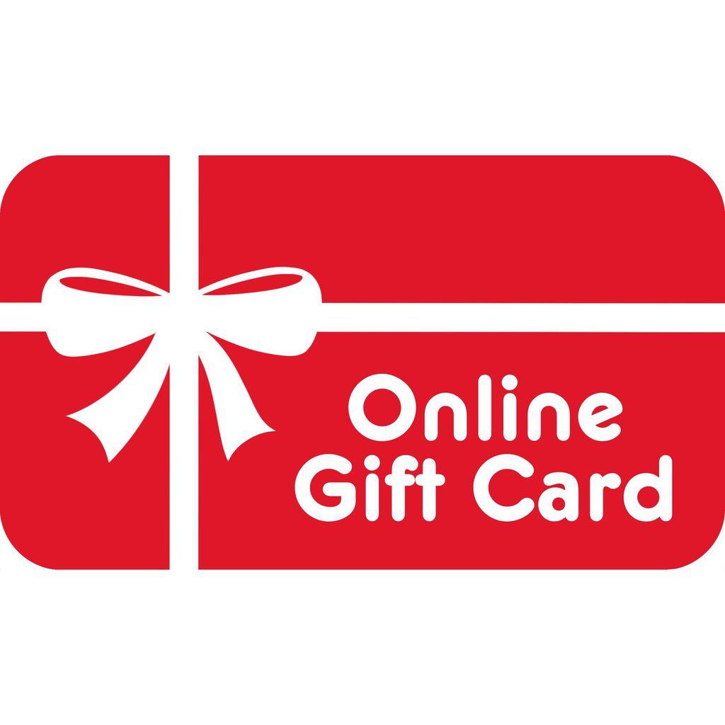 red rectangle with white bow reads: Online Gift Card