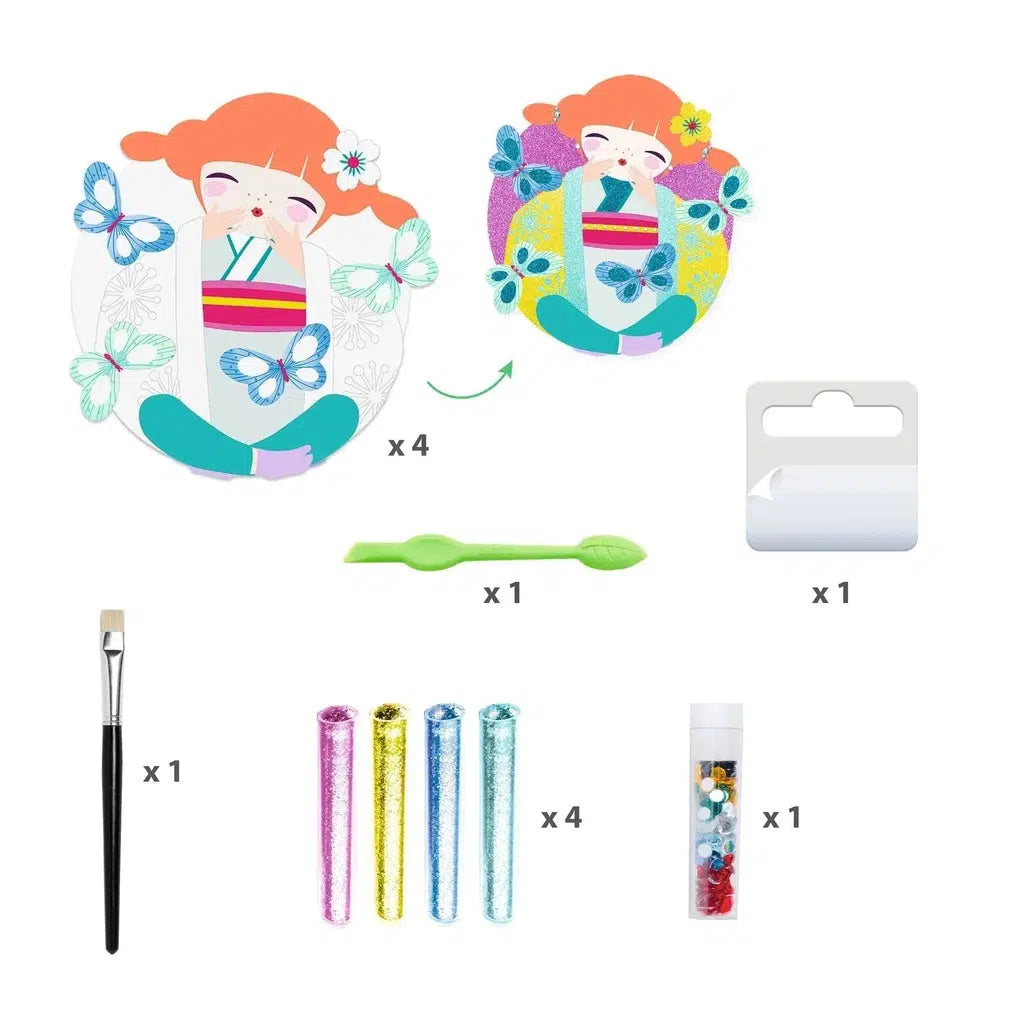 Image of all the included pieces in the craft kit. It includes four pictures, four different colors of glitter, a paintbrush, jewels, and a peeling tool.