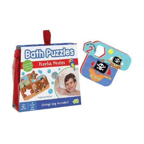 Image of the packaging for the Playful Pirate Bath Puzzle. It is a mesh bag covered in cardboard packaging. On the front is a picture of a puzzle piece and a picture of a little boy playing with the toy in the bath.