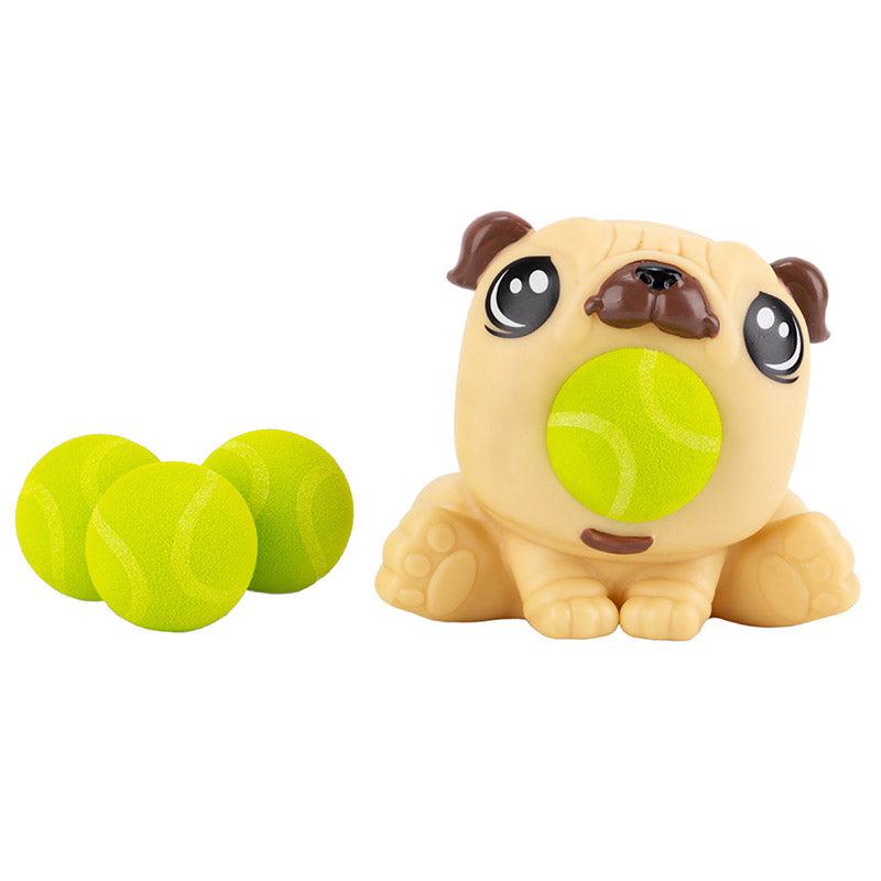 Close up of the Pug PeeWee Popper. The pug is tan with dark brown ears and nose. The 4 balls included are designed to look like tennis balls.