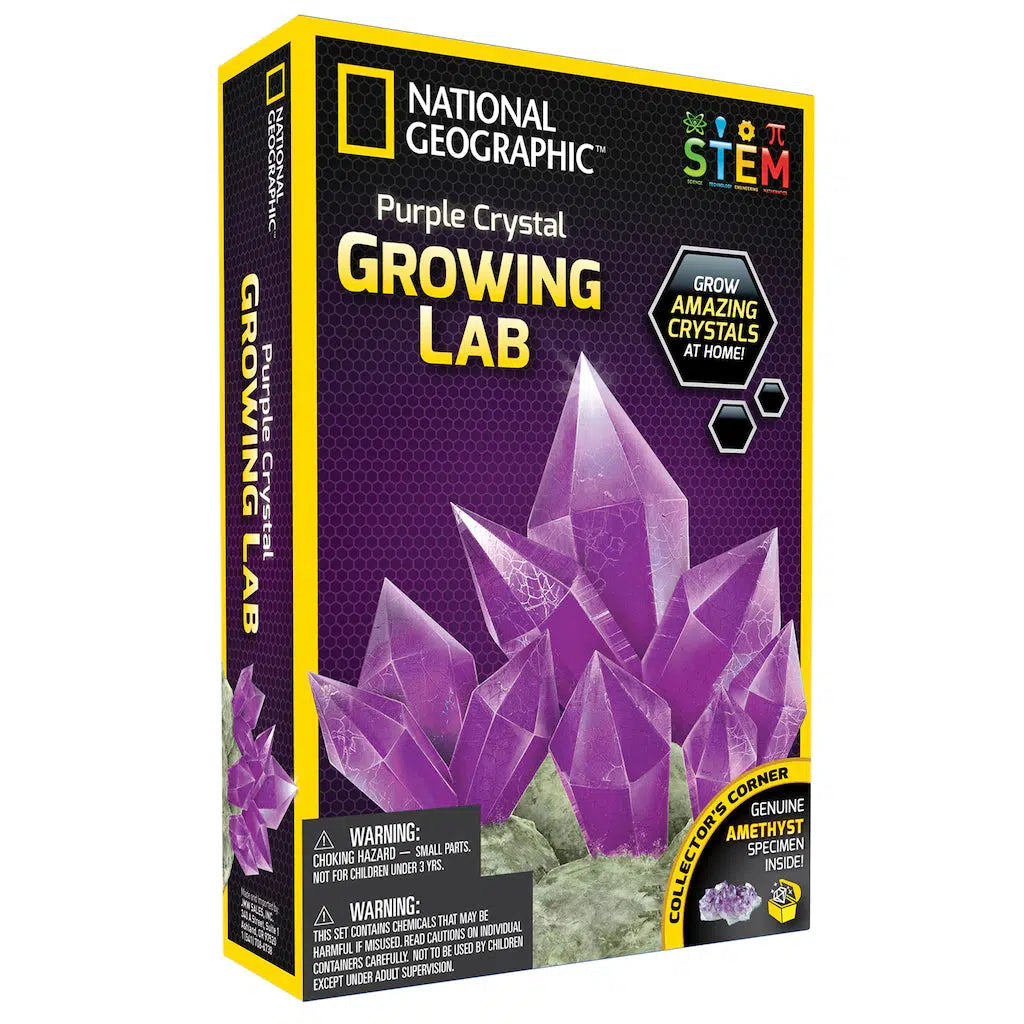 Image shows the National Geographic growing lab kit to grow amazing crystals at home. there is a genuine amethyst specimen inside. 