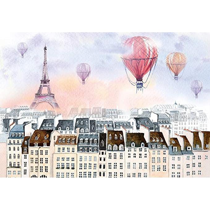 Puzzle image | Watercolor art of Paris, France with the Eiffel Tower and hot air balloons against a pastel pink, blue, and orange sky. | Hot air balloons are pink, orange, and grayish. | Along the bottom of the painting are white buildings with lots of windows and dark colored roofs.