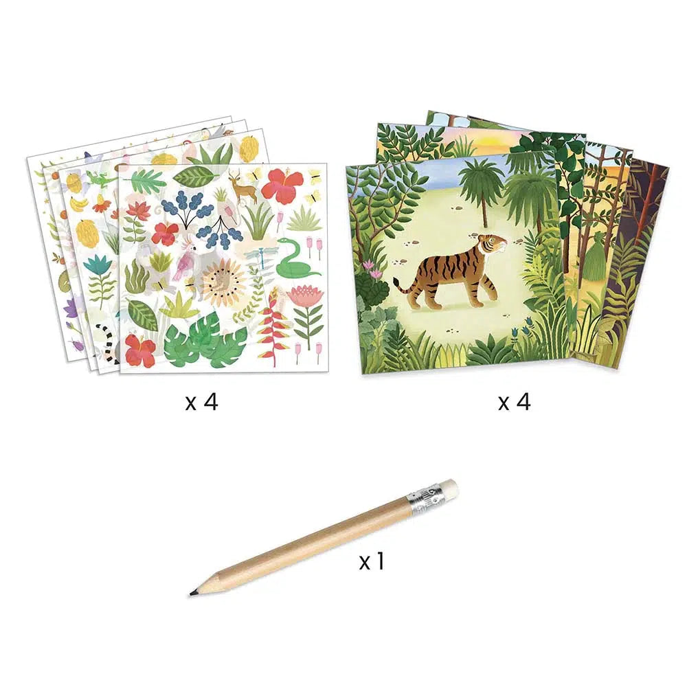 Image of the included parts in the kit. It includes four backgrounds, a pencil, and four sheets of rub on transfers.