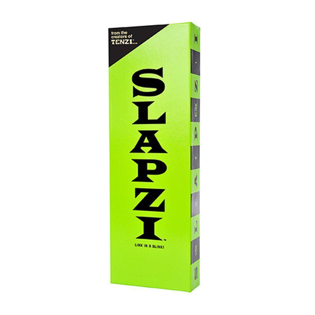 this image shows the box for SLAPZI. it is a green box that is thin and long. the top corner says "from the creators of TENZI"