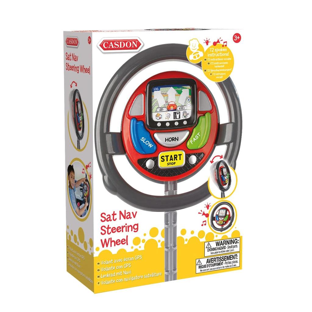 Image of the packaging for the Sat Nav Play Steering Wheel. The front of the box has a picture of the wheel with information showing that it can make sounds.