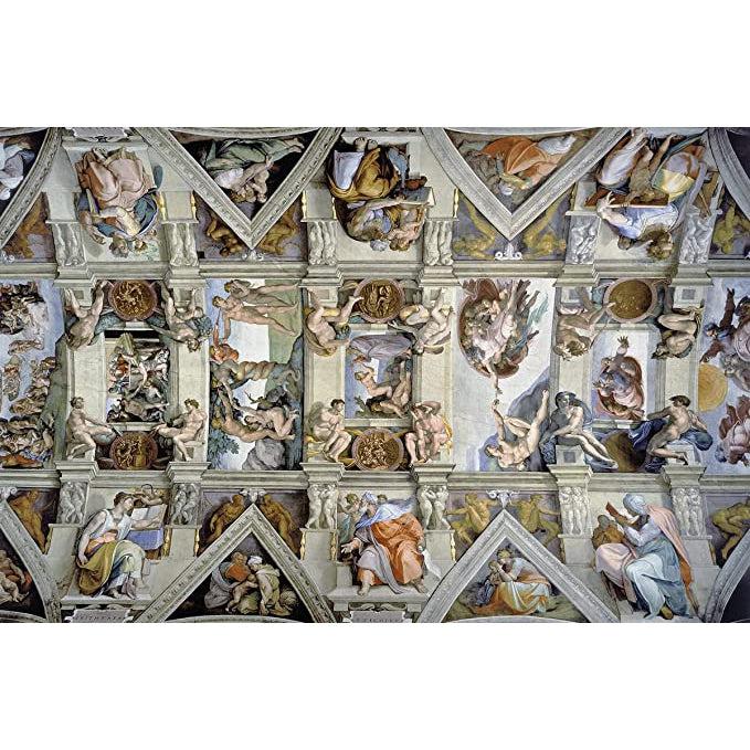 Image of puzzle | Image captures the ceiling of the Sistine Chapel with work from Michelangelo. Paintings portray a variety of human figures depicting scenes from the Old Testament of the bible. 