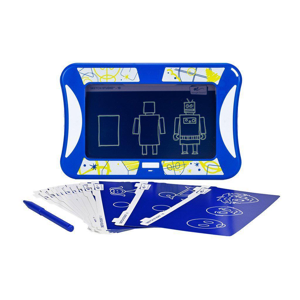 sketch studio drawing kit! image shows lots of pages to practice sketching on a boogie board. 