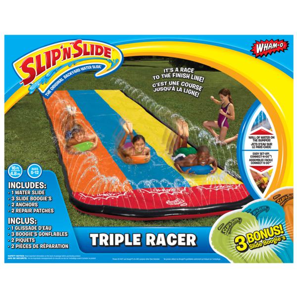 The box for the slip and slide shows 3 children racing down the slide on the included boogie boards. Front of the box lists the contents and that it comes with 3 slide boogie boards.