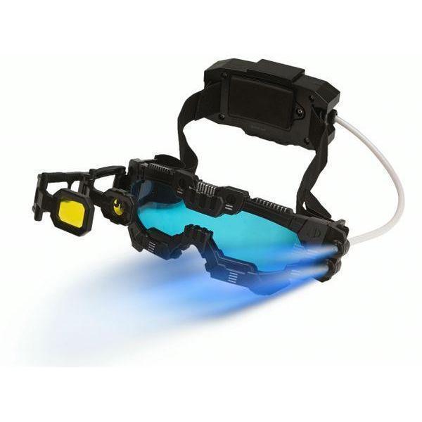 this image shows the golles with a scope on the side and blue led lights on the other side for night vision fun