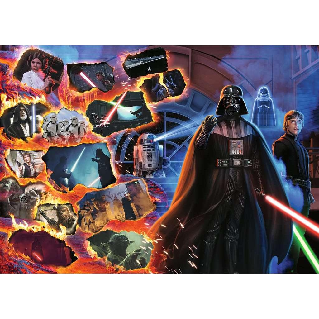 Puzzle image shows darth vader with luke skywalker behind him both with their lightsabers out to the right of the frame | left of the image shows a variety of scenes from the original star wars trilogy in jagged shapes surrounded by light saber sparks