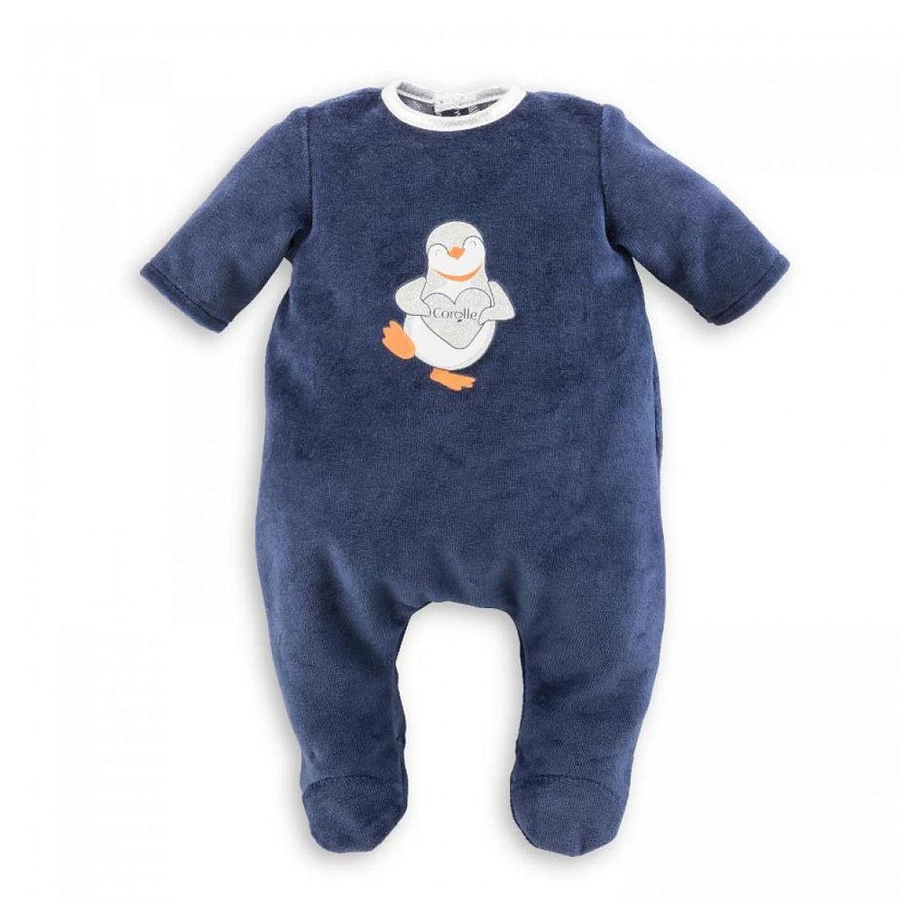 The outfit is a navy blue onesie with a white collar and a white penguin holding a heart on the front.