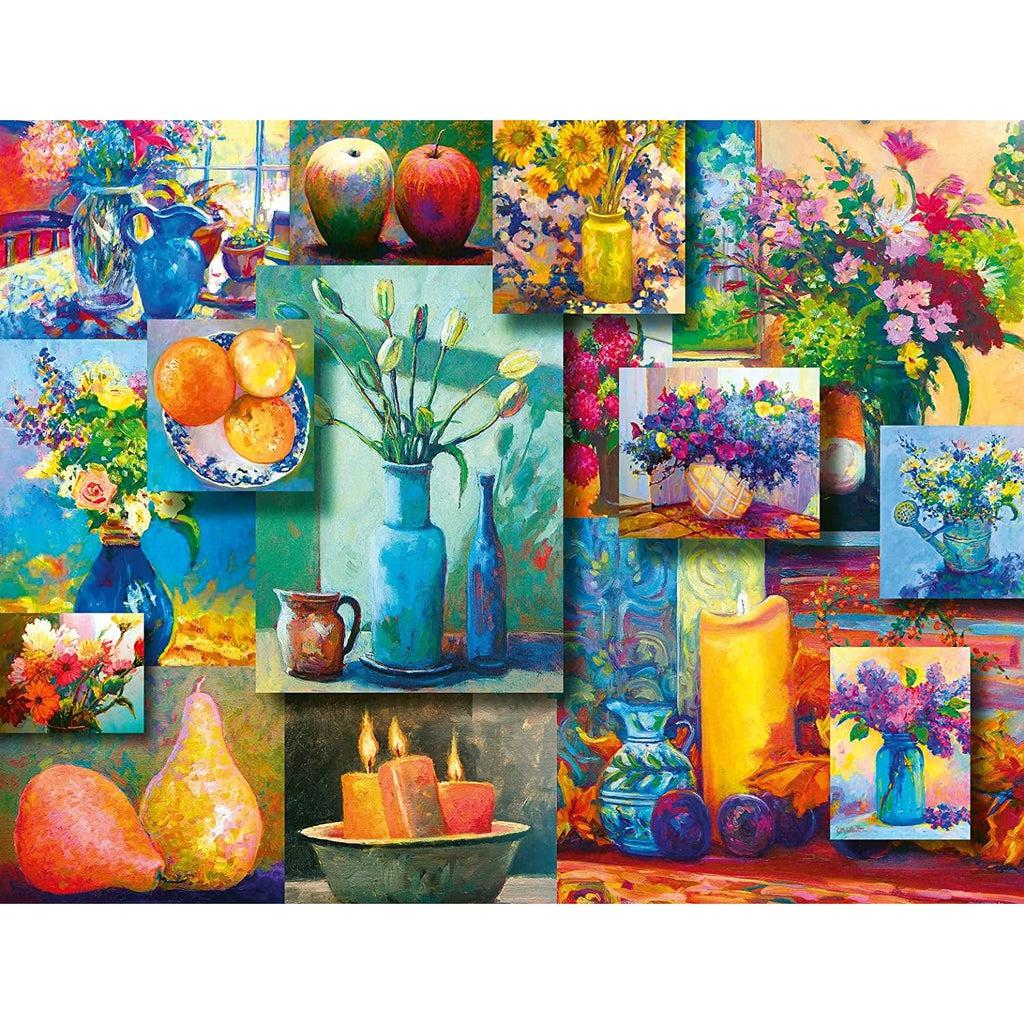Puzzle is a collage of many still life paintings with subjects including fruit, candles, and flowers.
