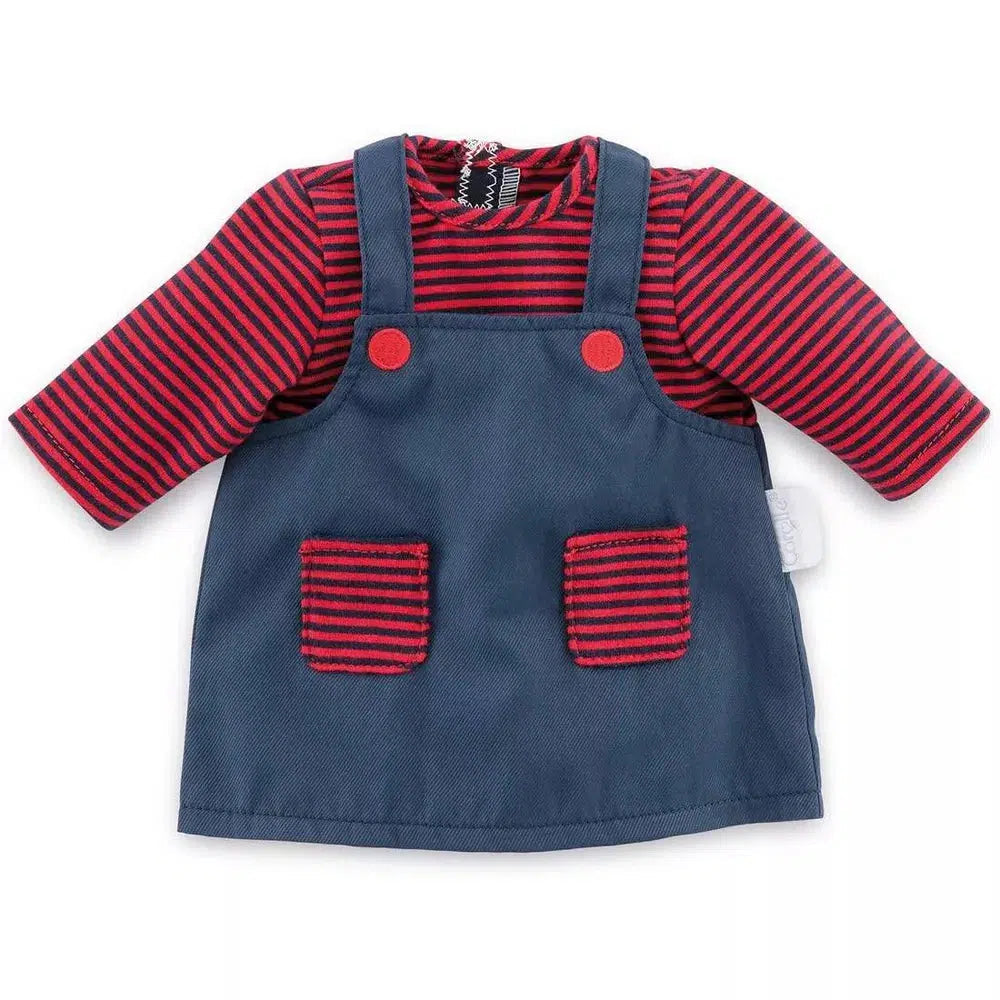 The stripped dress is essentially a long sleeved red shirt with horizontal black stripes under a jean colored dress with overall straps and two pockets on the front that are red with horizontal black stripes.