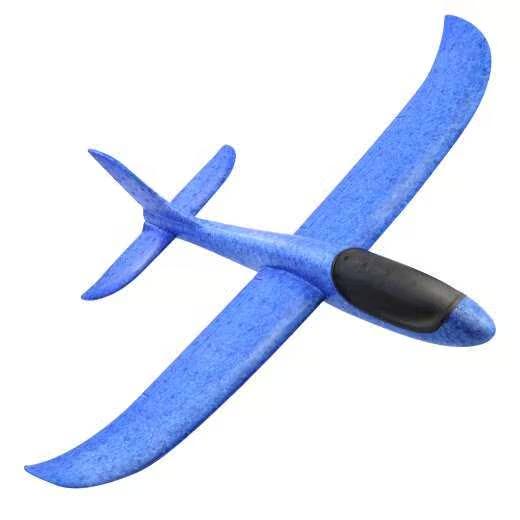 A blue glider is shown. It's shaped like a regular plane with a black section where the cockpit would go.