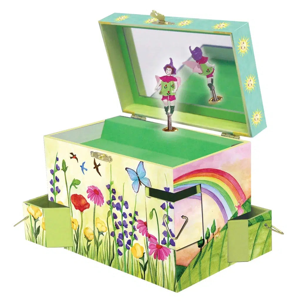 A music box with angled drawers coming out of each corner, the top opens to reveal a fairy figure in front of a mirror. The outside depicts scenes of flowers and fairies playing with butterflies.
