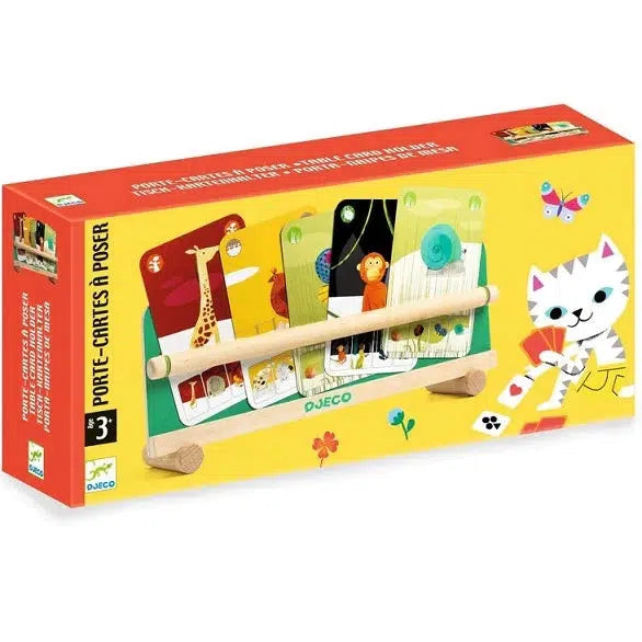 Image of the packaging for the Table Card Holder. On the front is a picture of the card holder holding different animal cards.