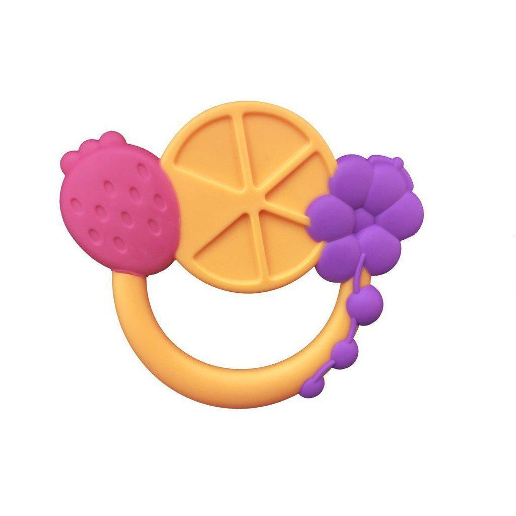 Image of the Tasty Fruit Teether. The top part is made from three fruits, a pink strawberry, an orange orange, and a purple grape bunch. The bottom half is an orange handle. Each of the fruits has a different texture.