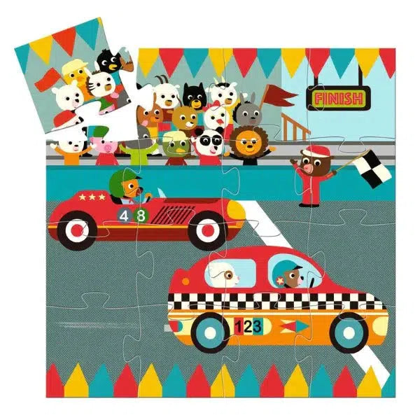Shows the completed puzzle. It is a scene of a race car winning the race as he crosses the finish line. There is a crowd of all different animals cheering the race on.
