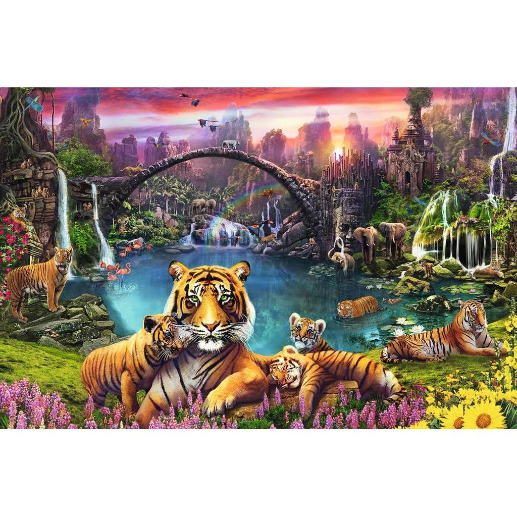 Puzzle is a landscape of tigers relaxing in a field next to some ancient ruins. There are many trees, waterfalls, and birds. It is at sunset, at you can spot a rainbow in the center.