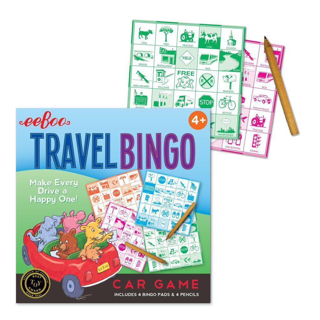 this image shows two bingo cards, a pencil and the box for the car game. images like dog, tree, tractor, church and other things found on a road trip are on a bingo card to keep a child occupied on the road.