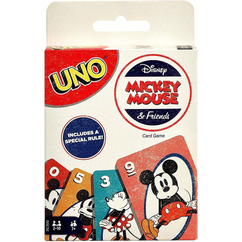 Mickey Mouse & Friends Uno packaging | Cream colored box has the Uno logo, and shows game cards with illustrations of Mickey and Minnie Mouse on them.